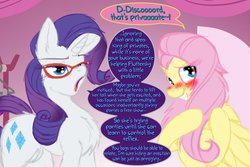 Size: 1056x704 | Tagged: safe, artist:frist44, fluttershy, rarity, pegasus, pony, unicorn, comic:panty shopping with discord, g4, :o, blushing, butt fluff, carousel boutique, cheek fluff, chest fluff, cleavage, comic, crotch cleavage, crotchboobs, cute, dialogue, dock, ear fluff, embarrassed, female, fluffy, glasses, grin, hiding behind mane, implied discord, leg fluff, lidded eyes, looking at you, mare, nudity, open mouth, rarity's glasses, shyabetes, sitting, smiling, speech bubble, squee, undercrotchboob, wing fluff