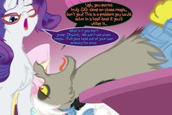 Size: 1056x704 | Tagged: safe, artist:frist44, discord, rarity, pony, unicorn, comic:panty shopping with discord, g4, carousel boutique, clothes, comic, dialogue, glasses, hat, looking down, lying, nightcap, nightgown, pajamas, rarity's glasses, table