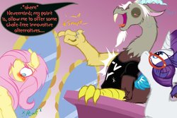 Size: 1536x1024 | Tagged: safe, artist:frist44, discord, fluttershy, rarity, pegasus, pony, unicorn, comic:panty shopping with discord, g4, blushing, carousel boutique, clothes, comic, dialogue, embarrassed, female, finger snap, glasses, looking down, magic, mare, mirror, shirt, snap, stripped by magic, table, tv rating, tv-y