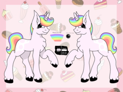 Size: 960x720 | Tagged: safe, artist:pipthetrick, oc, oc only, oc:milkshake (chris05478), pony, unicorn, male, rainbow hair, raised hoof, reference sheet, stallion, unshorn fetlocks