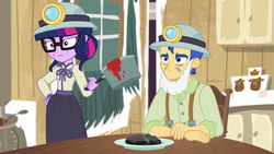 Size: 1280x720 | Tagged: safe, screencap, flash sentry, sci-twi, twilight sparkle, equestria girls, g4, my little pony equestria girls: better together, opening night, clothes, costume, cropped, fake beard, female, helmet, mining helmet, sci-twi is not amused, twilight sparkle is not amused, unamused