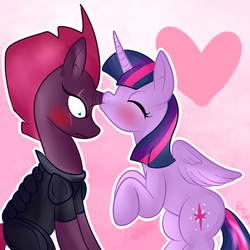 Size: 800x800 | Tagged: safe, artist:therainbowtroll, tempest shadow, twilight sparkle, alicorn, pony, unicorn, g4, blushing, female, horn kissing, kissing, lesbian, mare, ship:tempestlight, shipping, shrunken pupils, twilight sparkle (alicorn)