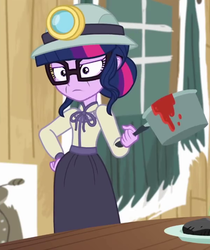 Size: 605x720 | Tagged: safe, screencap, sci-twi, twilight sparkle, equestria girls, g4, my little pony equestria girls: better together, opening night, clothes, costume, cropped, cyoa, female, glasses, misleading thumbnail, pot, sci-twi is not amused, twilight sparkle is not amused, unamused