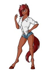 Size: 1395x2000 | Tagged: safe, artist:akweer, oc, oc only, oc:penny, earth pony, anthro, unguligrade anthro, anthro oc, clothes, female, mare, shirt, shorts, simple background, solo