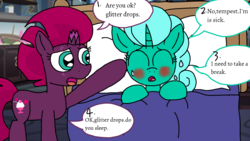Size: 1920x1080 | Tagged: safe, artist:徐詩珮, fizzlepop berrytwist, glitter drops, tempest shadow, pony, unicorn, g4, my little pony: the movie, bed, bedroom, blushing, broken horn, dialogue, engrish, female, horn, lesbian, pillow, ship:glittershadow, shipping, sick, sleeping