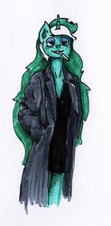 Size: 1080x2198 | Tagged: safe, artist:ploskostnost, lyra heartstrings, unicorn, anthro, g4, cigarette, clothes, coat, female, lidded eyes, smiling, smoking, solo, traditional art, trenchcoat