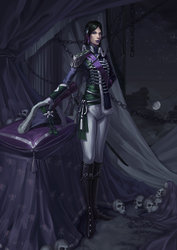 Size: 2059x2913 | Tagged: dead source, safe, artist:sunset tide, queen chrysalis, human, g4, beautiful, bicorne, boots, chains, clothes, curtains, cute, epaulettes, female, fine art emulation, gloves, green eyes, hat, high res, human skull, humanized, lipstick, painterly, painting, pants, purple lipstick, saber, shoes, skull, solo, sword, technically advanced, uniform, weapon, woman