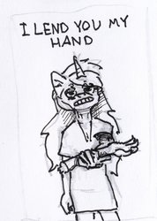 Size: 1299x1824 | Tagged: safe, artist:ploskostnost, lyra heartstrings, anthro, g4, dialogue, female, grayscale, hand, lidded eyes, looking at you, monochrome, severed hand, solo, traditional art