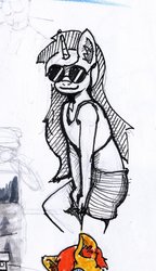 Size: 1107x1920 | Tagged: safe, artist:ploskostnost, lyra heartstrings, anthro, g4, female, grayscale, monochrome, smiling, solo, sunglasses, traditional art