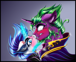Size: 4972x4034 | Tagged: safe, alternate version, artist:dimidiummorsumbra, rarity, spike, g4, absurd resolution, blushing, cross-popping veins, eyeshadow, female, glowing horn, horn, kissing, makeup, male, older, older spike, one eye closed, ponified, ponified spike, ship:sparity, shipping, species swap, straight, tongue out