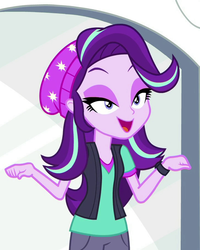 Size: 724x903 | Tagged: safe, screencap, starlight glimmer, equestria girls, equestria girls specials, g4, my little pony equestria girls: mirror magic, beanie, bedroom eyes, clothes, cropped, female, hat, lidded eyes, open mouth, pants, pedestal, portal, sassy, shirt, smug, smuglight glimmer, solo, vest
