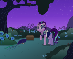 Size: 1743x1414 | Tagged: safe, artist:noosa, starlight glimmer, pony, unicorn, g4, basket, bow, bush, canterlot, canterlot gardens, clothes, dress, female, flower, gala dress, garden, grand galloping gala, hair bow, kite, looking at you, mare, nest, night, picnic basket, raised hoof, see-through, see-through dress, smiling, solo, stars, string, thread, tree, yarn