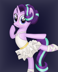 Size: 1489x1848 | Tagged: safe, artist:noosa, starlight glimmer, pony, unicorn, g4, alternate hairstyle, ballerina, ballet, ballet slippers, blushing, clothes, cute, female, glimmerbetes, glimmerina, grin, hair bun, mare, raised hoof, shoes, simple background, skirt, smiling, solo, standing, standing on one leg, tutu