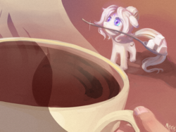 Size: 1600x1200 | Tagged: safe, artist:marcotonio, oc, oc only, oc:sugar cube, earth pony, human, pony, coffee, female, gem, hand, long tail, mare, micro, mouth hold, offscreen character, pov, short mane, smol, solo focus, spoon, steam, tiny, tiny ponies, unshorn fetlocks, white mane