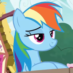 Size: 4748x4748 | Tagged: safe, screencap, rainbow dash, pegasus, pony, g4, secrets and pies, absurd resolution, clip, cropped, female, hooves, lidded eyes, looking at something, mare, relaxed, smiling, smirk, solo