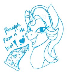 Size: 2893x3234 | Tagged: safe, artist:artsyambi, starlight glimmer, pony, unicorn, g4, blatant lies, dialogue, female, food, herbivore, high res, pineapple, pineapple pizza, pizza, pure unfiltered evil, solo, that pony sure does love pineapple pizza