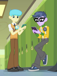 Size: 559x741 | Tagged: safe, screencap, bright idea, microchips, equestria girls, equestria girls series, g4, overpowered (equestria girls), background human, cellphone, clothes, glasses, lockers, male, pants, phone, shoes, smartphone, sneakers, texting