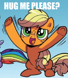 Size: 371x425 | Tagged: safe, idw, applejack, rainbow dash, pony, g4, spoiler:comicidw2020, bronybait, caption, cute, female, filly, filly applejack, hug request, image macro, impact font, implied hugging, jackabetes, meme, text, waving, younger