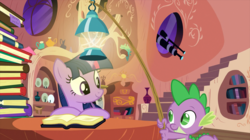 Size: 2880x1616 | Tagged: safe, screencap, spike, twilight sparkle, dragon, firefly (insect), pony, unicorn, g4, spike at your service, book, duo, female, firefly lamp, golden oaks library, lantern, male, mare, night, open book, reading, stairs, telescope, unicorn twilight