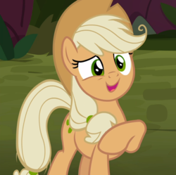 Size: 942x937 | Tagged: safe, screencap, mean applejack, earth pony, pony, g4, the mean 6, clone, cropped, female, mare, open mouth, raised hoof, smiling, solo