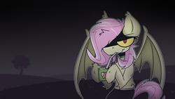 Size: 3840x2160 | Tagged: safe, artist:difis, fluttershy, bat pony, pony, g4, apple juice, bat ponified, drinking, female, flutterbat, flutterjuice, high res, juice, juice box, looking at you, night, race swap, red eyes, slit pupils, solo, yellow sclera