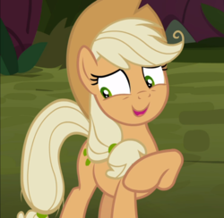 Size: 960x938 | Tagged: safe, screencap, mean applejack, pony, g4, the mean 6, clone, cropped, female, liarjack, nervous, open mouth, smiling, solo