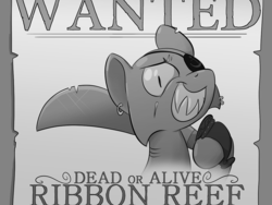 Size: 1201x901 | Tagged: safe, artist:pbnflash, oc, oc only, oc:ribbon reef, original species, pony, shark pony, buck legacy, black and white, card art, cutlass, ear piercing, earring, eye scar, eyepatch, gills, grayscale, jewelry, looking at you, monochrome, paper, piercing, scar, sharp teeth, solo, sword, teeth, wanted poster, weapon