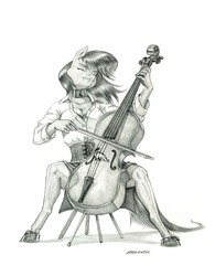 Size: 1000x1280 | Tagged: safe, artist:baron engel, octavia melody, earth pony, anthro, unguligrade anthro, g4, breasts, cello, choker, cleavage, clothes, corset, eyes closed, female, grayscale, mare, monochrome, musical instrument, pencil drawing, shirt, shoes, simple background, sitting, skirt, solo, traditional art, white background