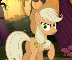 Size: 1013x850 | Tagged: safe, screencap, mean applejack, pony, g4, the mean 6, clone, cropped, everfree forest, female, glare, raised hoof, solo, underhoof