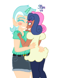Size: 768x1024 | Tagged: safe, artist:house-of-muses12, bon bon, lyra heartstrings, sweetie drops, human, g4, belt, blushing, clothes, dark skin, dress, elf ears, eyes closed, female, horn, horned humanization, hug, humanized, jeans, lesbian, pants, ship:lyrabon, shipping, shorts, simple background, transparent background