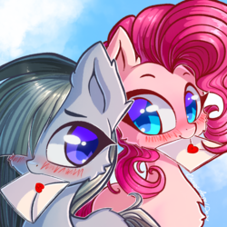 Size: 2048x2048 | Tagged: safe, artist:chaosangeldesu, marble pie, pinkie pie, earth pony, pony, g4, cute, diapinkes, duo, female, high res, letter, love letter, marblebetes, mare, mouth hold, pie sisters, siblings, sisters, smiling