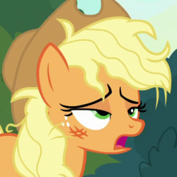 Size: 450x450 | Tagged: safe, screencap, applejack, earth pony, pony, g4, sounds of silence, applejack's hat, context is for the weak, cowboy hat, cropped, female, hat, lidded eyes, mare, messy mane, open mouth, solo