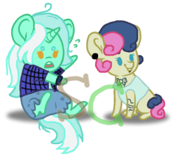 Size: 655x581 | Tagged: safe, artist:somecoconut, bon bon, lyra heartstrings, sweetie drops, earth pony, pony, unicorn, g4, base used, chibi, clothes, ear piercing, female, horn, lesbian, looking at something, mare, obtrusive watermark, piercing, ship:lyrabon, shipping, simple background, sitting, transparent background, watermark
