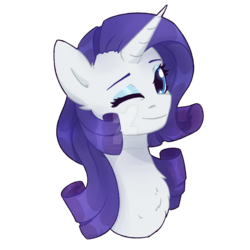 Size: 1600x1600 | Tagged: safe, artist:sinrinf, rarity, pony, unicorn, g4, bust, chest fluff, clothes, cute, deviantart watermark, female, looking at you, obtrusive watermark, one eye closed, portrait, print, raribetes, shirt, simple background, smiling, solo, t-shirt, transparent background, watermark, wink