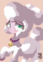 Size: 709x1015 | Tagged: safe, artist:tohupo, pom (tfh), lamb, sheep, them's fightin' herds, bell, bell collar, blushing, cloven hooves, collar, community related, cute, digital art, female, looking at you, raised hoof, simple background, solo, tan background