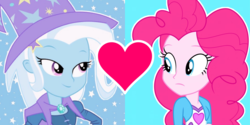 Size: 2560x1280 | Tagged: safe, edit, pinkie pie, trixie, equestria girls, g4, female, lesbian, ship:trixiepie, shipping, shipping domino