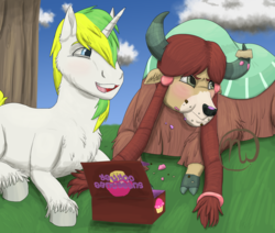Size: 2600x2200 | Tagged: safe, artist:azurllinate, yona, oc, oc:sol bright, pony, unicorn, yak, g4, age difference, canon x oc, chuckle, cloven hooves, crumbs, cupcake, embarrassed, female, food, high res, hungry, lying down, male, messy eating, shipping, solna, story included, straight, sugarcube corner, tree
