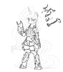 Size: 1400x1600 | Tagged: safe, artist:greyscaleart, princess celestia, alicorn, semi-anthro, g4, arm hooves, armor, female, gun, lidded eyes, looking at you, mare, monochrome, signature, simple background, sketch, solo, weapon, white background