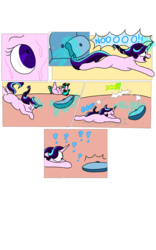 Size: 1200x1920 | Tagged: safe, artist:doodletheexpoodle, starlight glimmer, oc, oc:pocket watch, pony, unicorn, comic:magic mayhem, g4, big eyes, comic, confused, cushion, falling, female, filly, missing cutie mark, mother and daughter, offspring, parent:doctor whooves, parent:starlight glimmer, parents:starwhooves, pillow, question mark, simple background, sweat, teleportation, transparent background