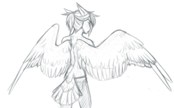 Size: 1202x747 | Tagged: safe, artist:askbubblelee, oc, oc only, oc:singe, pegasus, anthro, anthro oc, clipped wings, freckles, grayscale, male, monochrome, rear view, simple background, sketch, stallion, tail feathers, white background