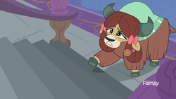 Size: 1920x1080 | Tagged: safe, screencap, yona, yak, a matter of principals, g4, bow, cloven hooves, discovery family logo, female, hair bow, monkey swings, solo, stairs