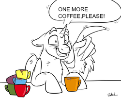 Size: 800x647 | Tagged: safe, artist:rutkotka, pony, auction, caffeine, coffee, coffee mug, commission, crazy eyes, male, mug, shaking, smiling, stallion, wing hands, wings, your character here