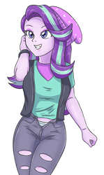 Size: 1807x3031 | Tagged: safe, artist:sumin6301, starlight glimmer, equestria girls, equestria girls specials, g4, my little pony equestria girls: mirror magic, beanie, clothes, female, green underwear, grin, hat, open fly, panties, shirt, smiling, solo, striped underwear, unbuttoned, underwear, unzipped, unzipped pants, vest