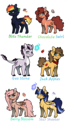 Size: 720x1280 | Tagged: safe, artist:misshoneybunn, oc, oc only, oc:berry blossom, oc:blitz thunder, oc:chocolate swirl, oc:geo stone, oc:jack apples, oc:star shooter, alicorn, dracony, earth pony, hybrid, pegasus, pony, alicorn oc, claw hooves, colored hooves, cutie mark, fangs, female, freckles, heterochromia, interspecies offspring, jewelry, male, mare, neckerchief, necklace, next generation, offspring, parent:applejack, parent:big macintosh, parent:caramel, parent:cheese sandwich, parent:flash sentry, parent:fluttershy, parent:pinkie pie, parent:rainbow dash, parent:rarity, parent:soarin', parent:spike, parent:twilight sparkle, parents:carajack, parents:cheesepie, parents:flashlight, parents:fluttermac, parents:soarindash, parents:sparity, simple background, stallion, tongue out, transparent background