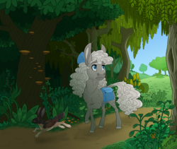 Size: 3202x2700 | Tagged: safe, artist:jackiebloom, oc, oc only, oc:dust bunny, hinny, mule, pony, skvader, bow, curly mane, everfree forest, female, forest, hair bow, high res, outdoors, saddle bag, scenery, shelf mushroom, solo, tail feathers, tree