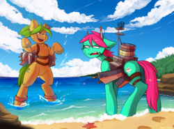 Size: 3875x2870 | Tagged: safe, artist:hakkids2, oc, oc only, oc:minty split, oc:oasis, earth pony, pony, starfish, battleship, beach, bipedal, clothes, cloud, cosplay, costume, female, floppy ears, high res, mare, open mouth, sand, shipmare, sky, unshorn fetlocks, water