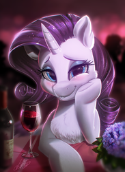 Size: 1465x2000 | Tagged: safe, artist:light262, rarity, pony, unicorn, alcohol, beautiful, blurry background, blushing, bottle, cheek fluff, chest fluff, chromatic aberration, cute, date, detailed, eyelashes, eyeshadow, female, flower, fluffy, frog (hoof), glass, grin, hnnng, hoof on cheek, horn, looking at you, loving gaze, makeup, mare, mascara, raribetes, romantic, signature, smiling, smiling at you, solo, squishy cheeks, table, underhoof, weapons-grade cute, wine, wine glass