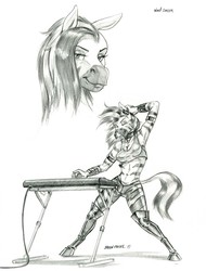 Size: 1000x1319 | Tagged: safe, artist:baron engel, oc, oc only, oc:wind singer, zebra, anthro, unguligrade anthro, anthro oc, armpits, boots, clothes, eyes closed, female, grayscale, midriff, monochrome, pencil drawing, shoes, simple background, sketch, smiling, solo, thigh boots, traditional art, white background, zebra oc
