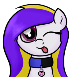 Size: 1421x1421 | Tagged: safe, artist:moonatik, oc, oc only, oc:daylily, pony, bust, collar, commission, female, looking at you, mare, one eye closed, simple background, solo, tongue out, transparent background, wink