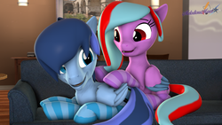 Size: 3840x2160 | Tagged: safe, artist:melodismol, oc, oc only, oc:rainy visualz, oc:star beats, pegasus, pony, 3d, clothes, couch, cuddling, high res, looking at each other, oc x oc, shipping, socks, source filmmaker, staryvisi, striped socks